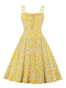 Vintage Dress 1950s Sleeveless Straps Neck Bows Knotted Sleeveless Floral Print Rockabilly Retro Swing Dress #458096