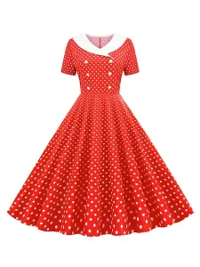 Vintage Dress 1950S V-Neck Pleated Layered Short Sleeves Woman Knee Length Polka Dot Swing Dress #450075