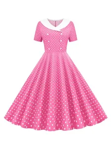 Vintage Dress 1950S V-Neck Pleated Layered Short Sleeves Woman Knee Length Polka Dot Swing Dress