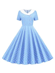 Vintage Dress 1950S V-Neck Pleated Layered Short Sleeves Woman Knee Length Polka Dot Swing Dress #450078