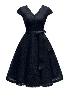 Vintage Lace Dress 1950s V Neck Cap Sleeve Bow Sash Retro Swing Dress #432048