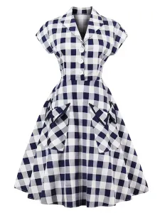 White Vintage Dresses V Neck Short Sleeve Checkered A Line Midi Dress For Women #419432