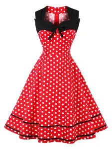 Women Vintage Dress Polka Dot Bows Sweetheart Sleeveless Swing Summer Dress #423328