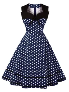 Women Vintage Dress Polka Dot Bows Sweetheart Sleeveless Swing Summer Dress #423329