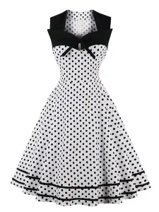 Women Vintage Dress Polka Dot Bows Sweetheart Sleeveless Swing Summer Dress #423330