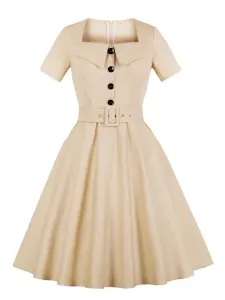 Women Vintage Dress Short Sleeve Cotton Square Neck Buttons Belt Apricot Summer Dress #424043