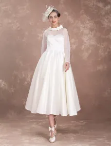 Short Wedding Dresses 1950S Vintage Bridal Dress Long Sleeve Sweetheart Neckline Satin Ivory Rockabilly Bridal Dress Free Customization #421464