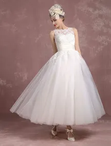 Vintage Wedding Dress Ivory Tulle Back Split Bateau Lace Illusion Neckline Ankle Length Princess Bridal Gown Free Customization #414801