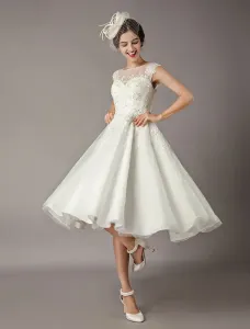 Vintage Wedding Dresses Short Lace Tulle Sequin Tea Length Ivory Bridal Dress Free Customization #427229