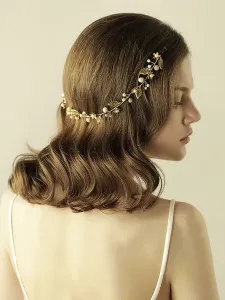 Gold Wedding Headband Alloy Leaf Pearls Detail Hair Accessories