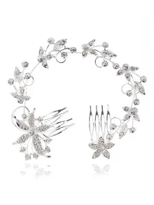 Silver Wedding Headpieces Double Comb Headband Rhinestones Beading Bridal Hair Accessories #417529