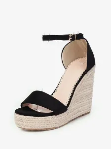 Black Espadrilles Women's Wedge Sandals Platform Heels Sandals Open Toe Buckle Detail Ankle Strap Shoes #448161