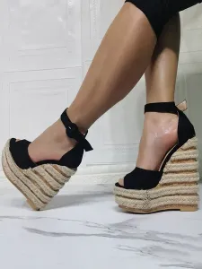 Black High Heel Sandals Micro Suede Upper Peep Toe Wedge Heel Sexy Wedge Sandals #478039