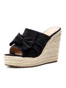 Black Wedge Sandals Open Toe Bow Backless platform heels Slippers #448435