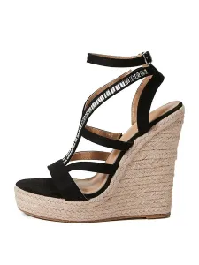 Women Summer Sandals Rhinestones Micro Suede Upper Wedge Heel Ankle Strap Sandals #928901