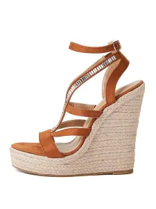 Women Summer Sandals Rhinestones Micro Suede Upper Wedge Heel Ankle Strap Sandals #928909