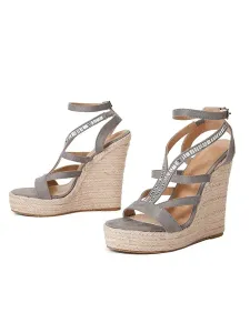 Women Summer Sandals Rhinestones Micro Suede Upper Wedge Heel Ankle Strap Sandals