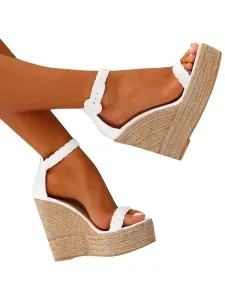 Women's White Wedge Sandals Women Platform Open Toe Buckle Detail Espadrille Sandals #431806