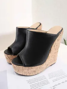 Sandal Slippers Wedge Black Open Toe Sandal Slides Womens Mules #450963