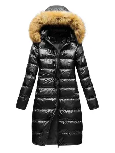 Women Jacket Black Puffer Coat Faux Fur Hooded Winter Outerwear #448747