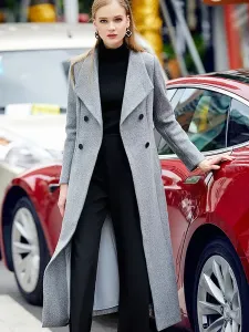 Grey Pea Coat Women's Winter Long Woolen Outerwear #419042