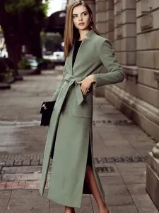 Women Coat Brown Sash Wrap Coat Split Winter Outerwear #419017
