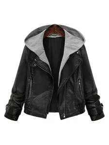 Black Leather Jacket Plus Size Hooded Women Moto Jacket Spring Outerwear #420127