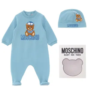 Moschino Baby Boys Teddy Bear Print Babygrow Set Blue 6/9m SKY