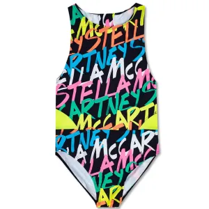 Stella Mccartney Girls Neon Print Swimsuit Black 4Y