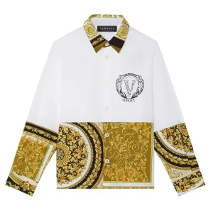 Versace Boys Barocco Mosaic Kids Accent Shirt White & Gold Multi Coloured 12Y